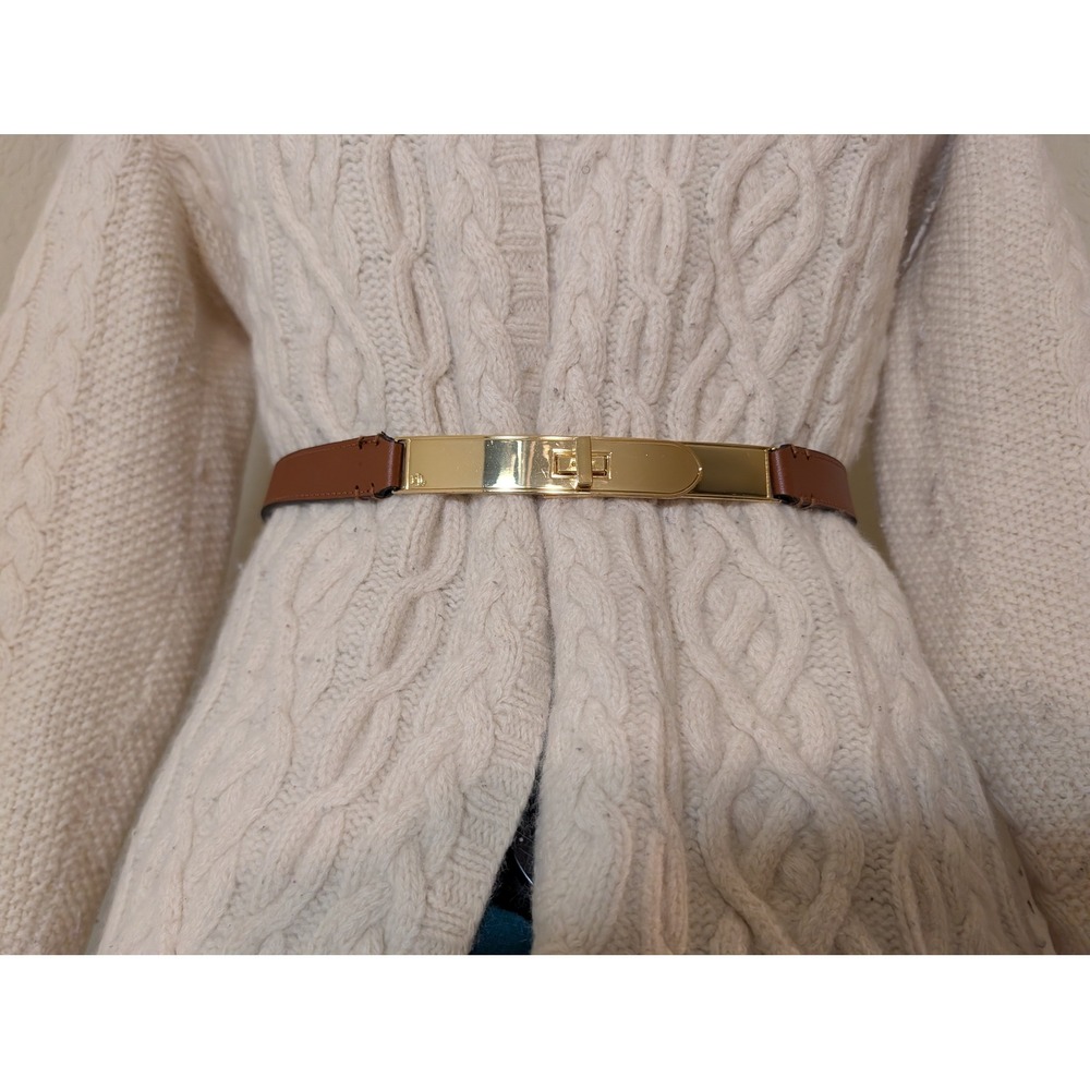 Lauren Ralph Lauren Brown Leather Turn-Lock Skinny Waist Belt 3X 412913120-004